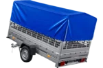 Remorque voiture 264×150 UNITRAILER GARDEN 265 KIPP avec ridelles grillagées, arceau H-800 et bâche bleue