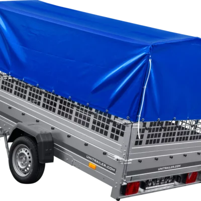 Remorque voiture 264×150 UNITRAILER GARDEN 265 KIPP avec ridelles grillagées, arceau H-800 et bâche bleue